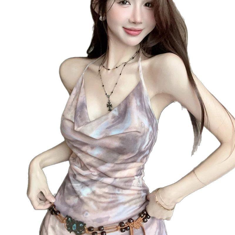 Retro Batik Neckholder Kleid – Figurschmeichelndes V-Ausschnitt Rückenfreies A-Linien-Kleid für Damen für Frühling/Sommer