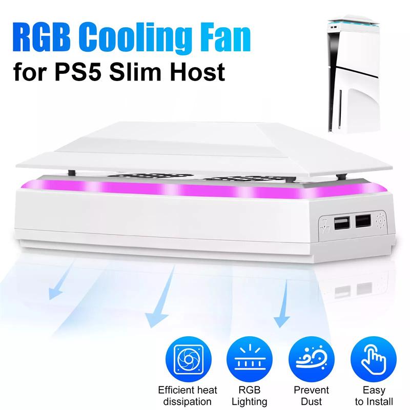 Konsolenlüfter mit Staubschutz Abdeckung Bunte LED-Beleuchtung 2 USB-Anschlüsse Oberer RGB-Lüfter 3 Geschwindigkeitskühler für PS5 Slim Konsole