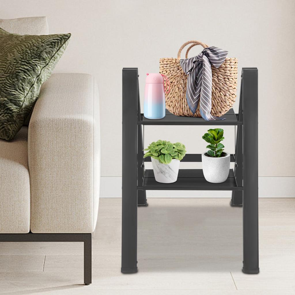 Black Aluminum Alloy Folding 2-Step Ladder, A-shaped Foldable Step Ladder Floorstanding 45*52cm Load 300kg for Balconies