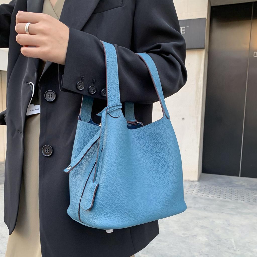 Damenhandtasche Togo-Leder Farbabstimmung Gemüsekorb Große Kapazität Handtasche Rindsleder Litschi-Muster Tasche Damen Kontrastfarbe Handtasche