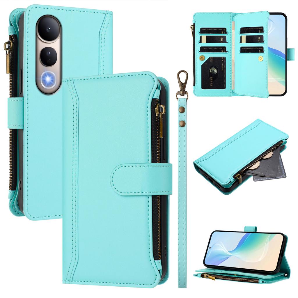 For vivo V50 Lite 4G/vivo V50 Lite 5G Leather Case 9 Card Slots Zipper Wallet Stand Phone Cover with Wrist Strap