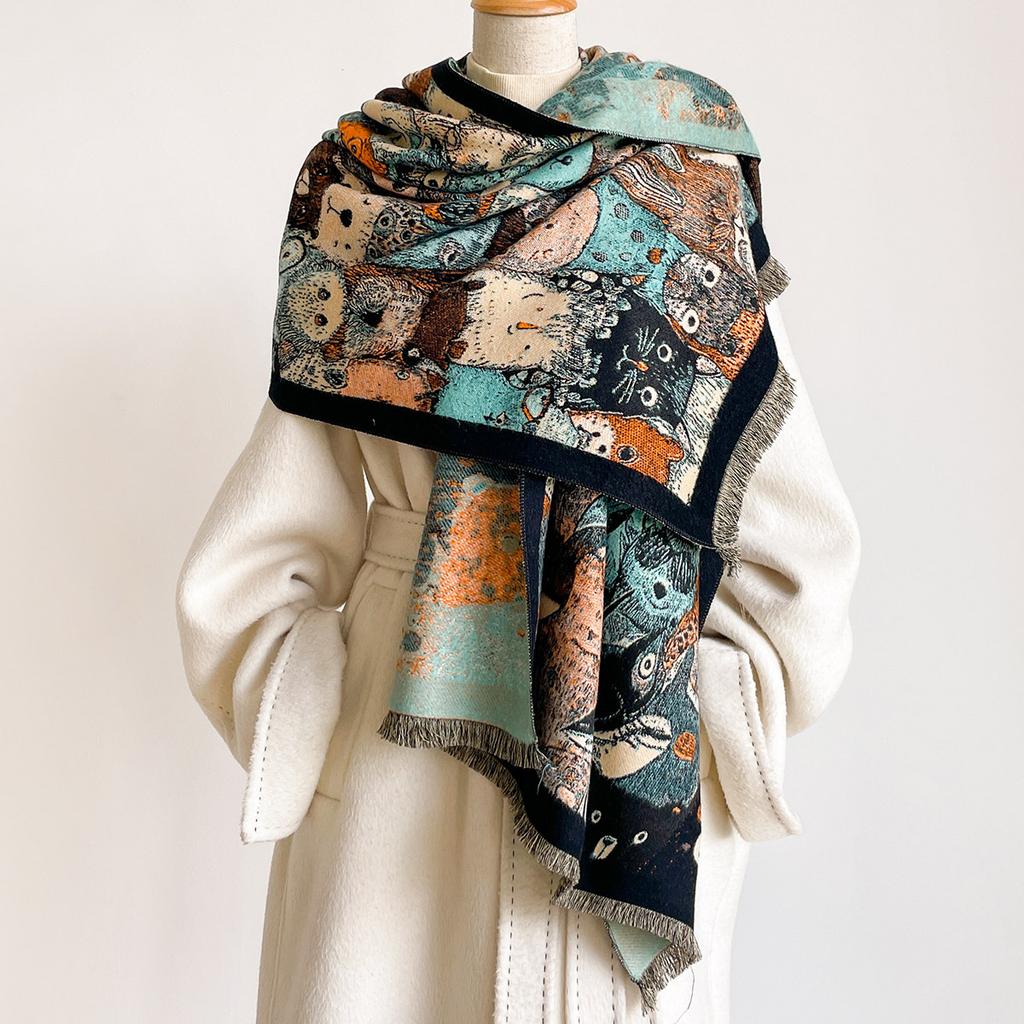Forest Animal-Themed Faux Cashmere Scarf – Colorful Cartoon Animal Jacquard Neck Warmer/Shawl