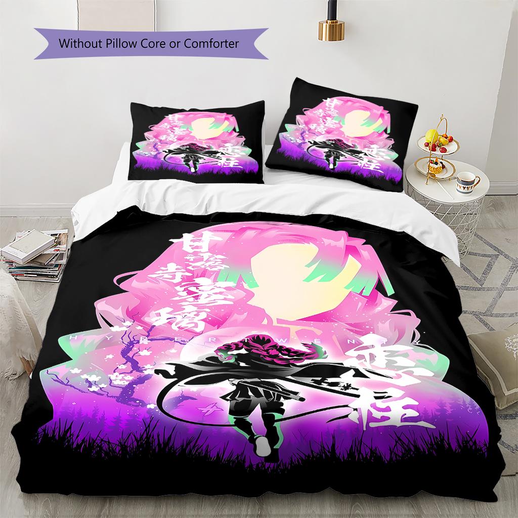 Demon Slayer Pattern Bedding,Quilt Set Quilt Cover Pillowcase Home Birthday Gift (1 * Duvet Cover + 2 * Pillowcase, Without Core)