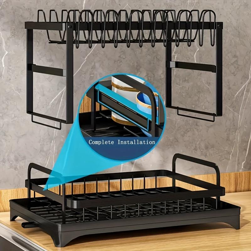 2-Tier Rust-Resistant Metal Utensil Rack with Drain Plate and Utensil Holder - Space Saving Kitchen Countertop Organizer