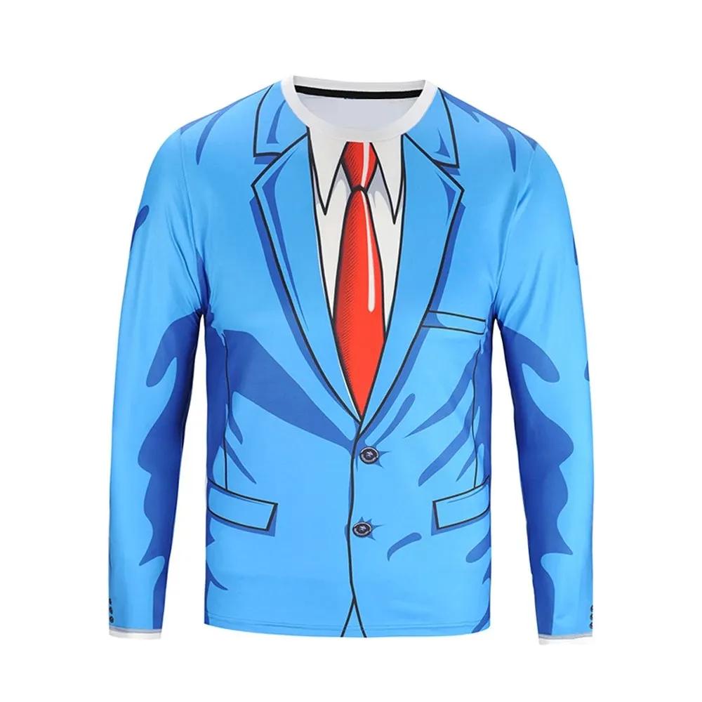 Artificial men's two-piece T-shirt set, 3D collar printed casual T-shirt, round neck long sleeved loose cotton T-shirt, artifici