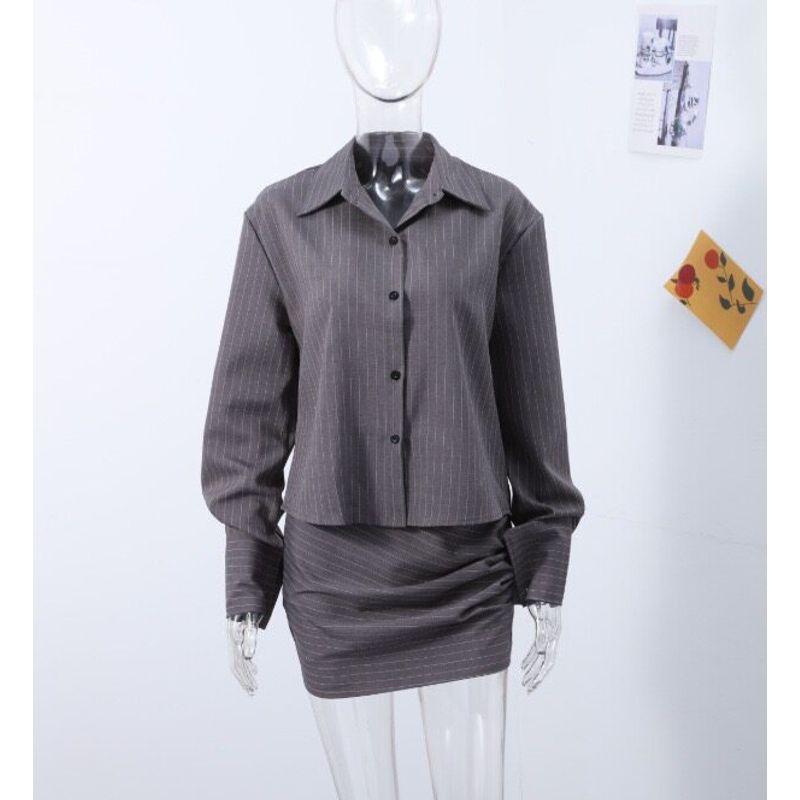 2025 Spring New Style Retro Lapel Old Money Style Waist-Slimming Design Striped Shirt Dress for Women Dark Gray Skirt Suit