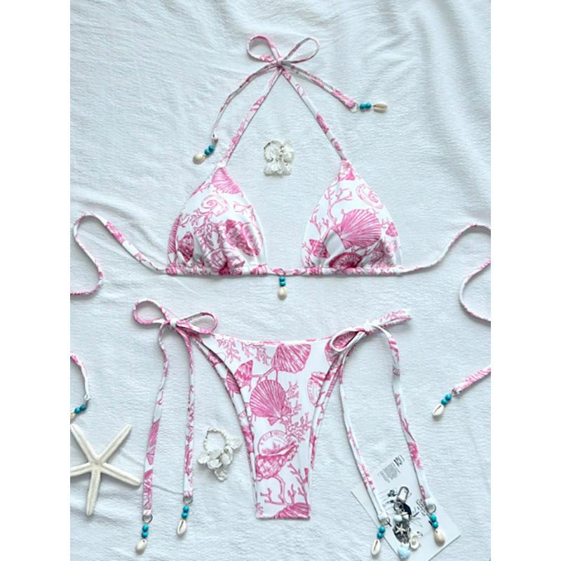 TS JYL-BK023 Cherry Print Three-Point Bikini, Tie String Slim Fit Swimwear For Beach Use S зеленый лайм