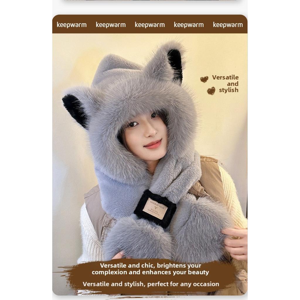 Plush Cute Fox Ear Hat Scarf One-piece Women's Autumn and Winter Hooded Scarf for Cycling and Keeping Warm