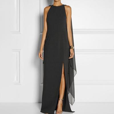 Women Solid Color Chiffon Maxi Dress O-Neck Irregular Split Layer Shawl Design Gown