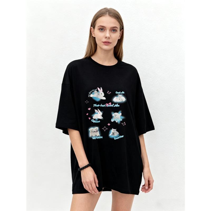 

Oversized T Shirt Black Cute Rabbit And Cat Print With Phrases For Casual Wear S