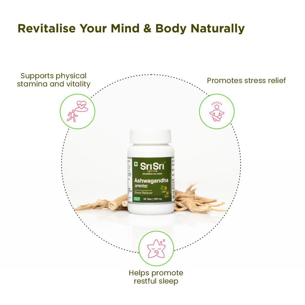 Sri Sri Tattva Ashwagandha Tabletten 60 Tabletten 500 mg | Stressabbau & Immunstärkung Nahrungsergänzungsmittel