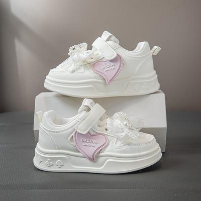 Girls' Sneakers Spring and Autumn New Children's White Shoes Leather Panel Shoes Flat Breathable Running Shoes Trendy