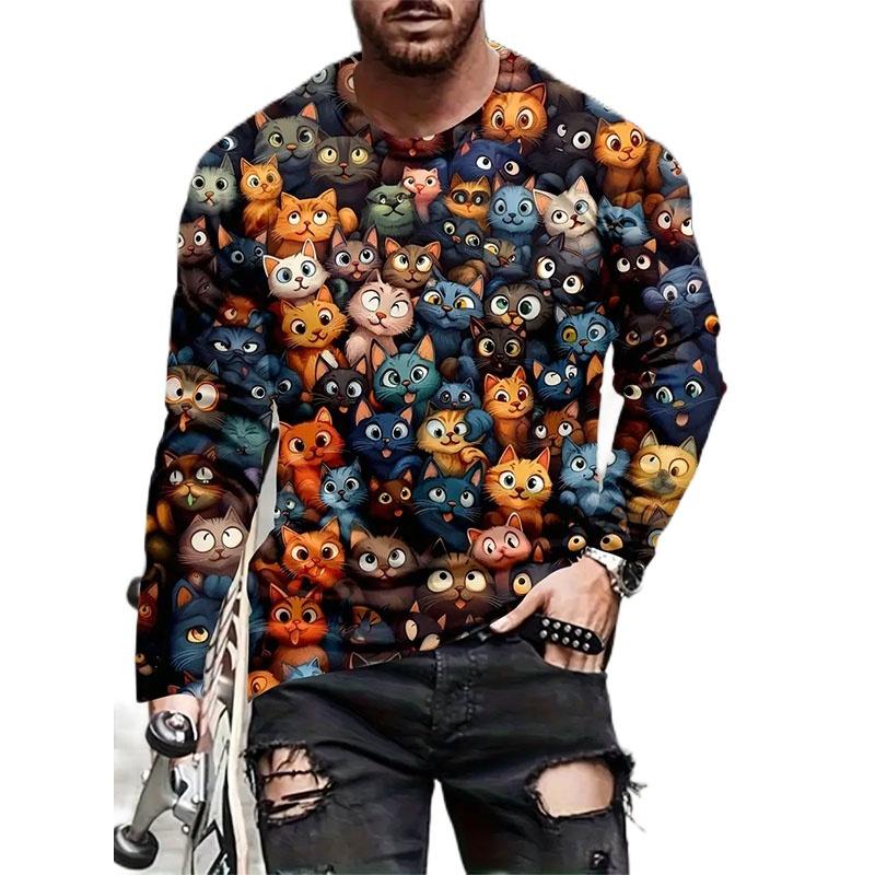 Spring and Autumn Round Neck Cute Animal Pattern 3D Printed Top Fashionable Casual Long Sleeved Men's T-shirts