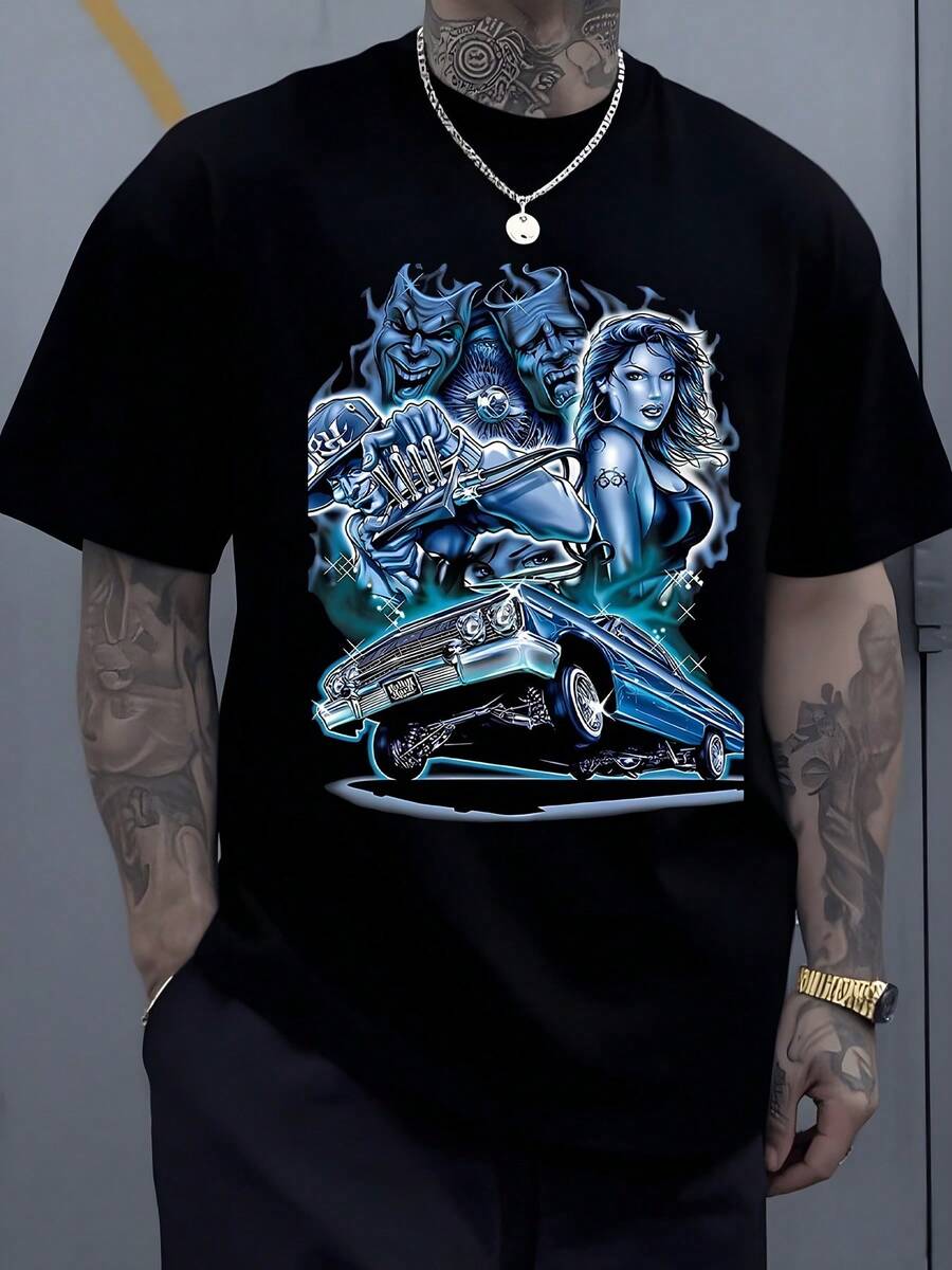The Image Features A Black Tshirt With A Striking Graphic. The Graphic Showcases A Vibrant Blue S разноцветный