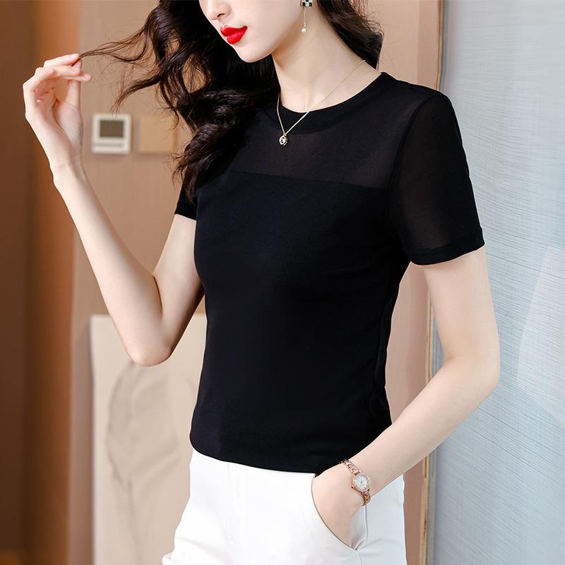Women's Crew Neck Base Layer Top Socialite Style Slim Fit Lace Mesh Solid Long Sleeve Blouse