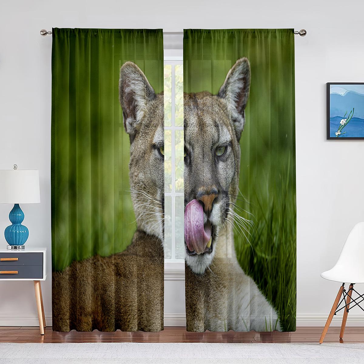 

Тюлевые шторы с тигром для декора гостиной, зеленые листья, прозрачная вуаль с дикими животными, занавеска для спальни, кухни, оконные шторы, жалюзи 1 PCS W100XH250cm&Grommet Top