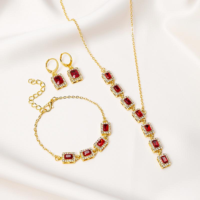 Luxury Super Flash Full Diamond Square Emerald Necklace Set, Yellow Pink Crystal Bracelet Earrings Jewelry