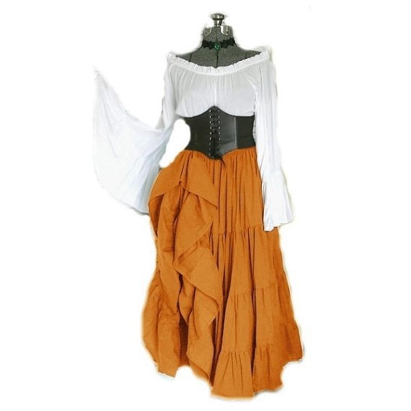 Renaissance mittelalterliches Kleid, schulterfreies ausgestelltes Ärmelkostüm mit Taillengürtel, Damen Retro Gothic langes Kleid, Halloween Rollenspielparty