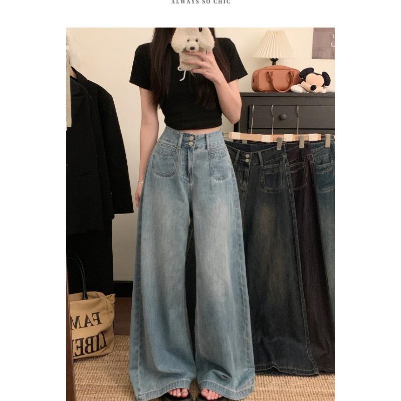 Women Retro High Waist Double Button Wide Leg Loose Floor Length Denim Jeans