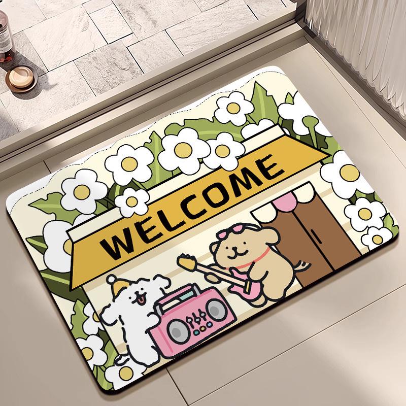 Non-Slip Water-Absorbing Cute Puppy Floor Mat for Bathroom Entrance