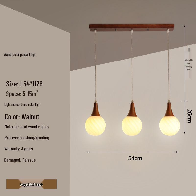 Modern Solid Wood Pendant Lamp with Three Heads, Walnut Finish, Japanese Style for Dining Rooms and Bars.
