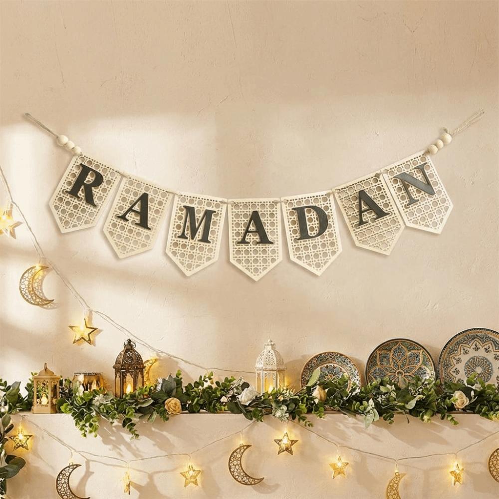 Rustic Eid Wall Hanging Hollowed Wooden Letter Banner Creative Ramadan Decor Pendant  Door Decor