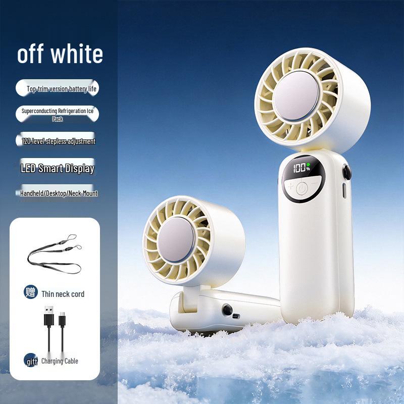 Handheld Mini Portable Fan with Long Battery Life, USB Charging, Cooling Ice Pack, and Foldable Design.