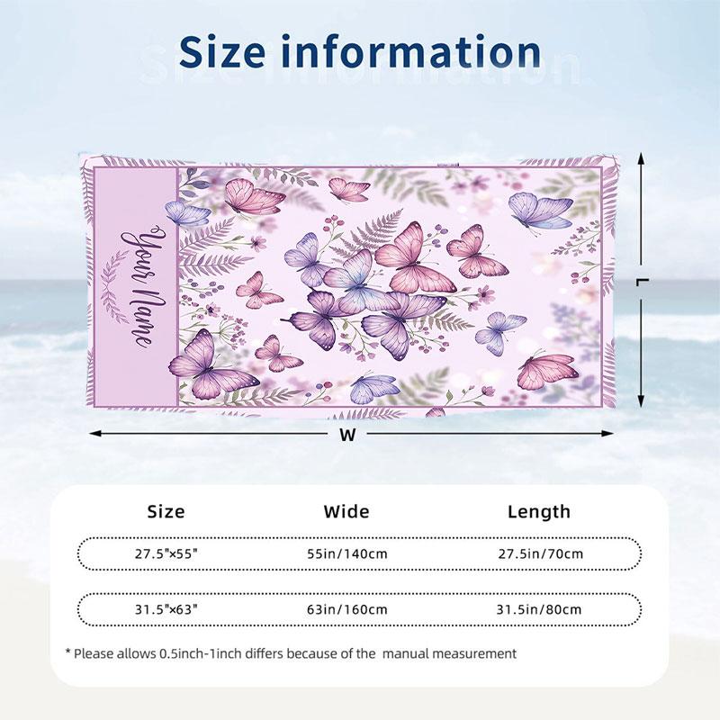 Butterflies Ferns Theme Quick Dry Beach Towel Custom Name Text Print Large Sand Resistant Towel Beach Vacation