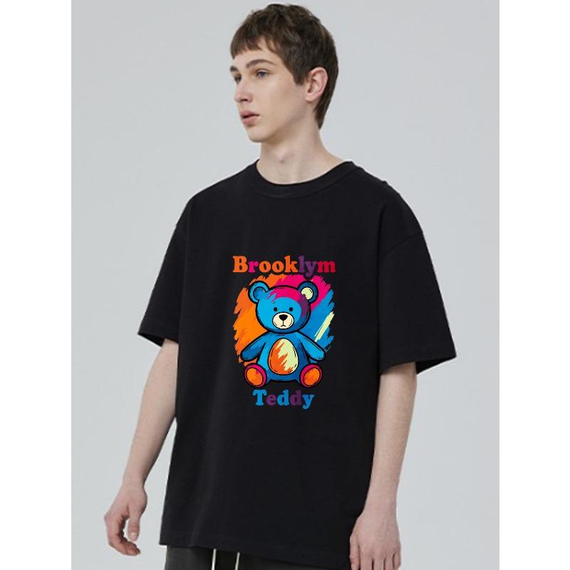 Black T Shirt With Colorful Teddy Bear And Brooklym Text Graphic For Casual Wear