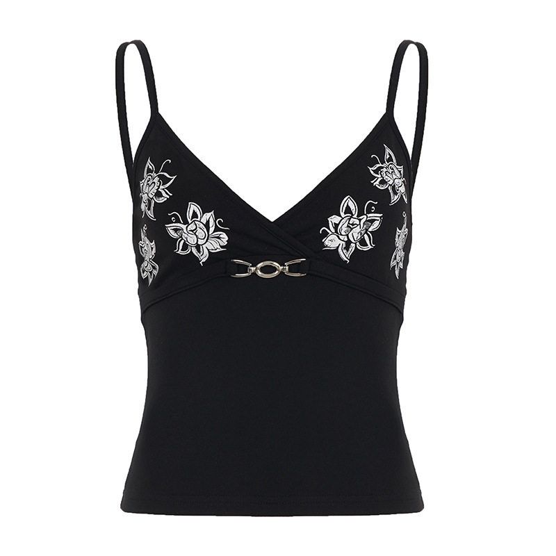 American Retro Print Vintage Waist-Cinching Slimming Metal-Decorated Sexy Y2K Style V-Neck Camisole Top Black S