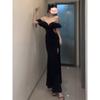 Temperament One-word Shoulder Dress Ruffle Edge Split Engagement Evening Dress Dress Niche High-end
