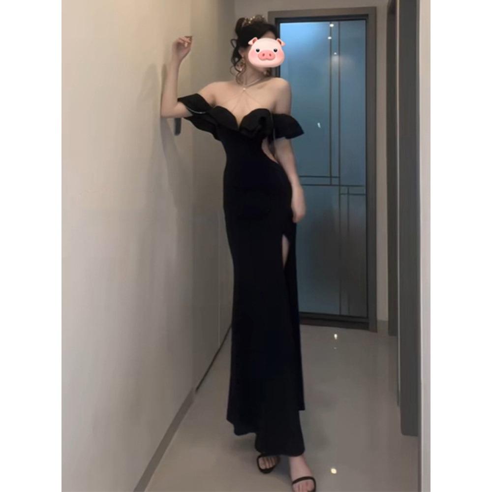Temperament One-word Shoulder Dress Ruffle Edge Split Engagement Evening Dress Dress Niche High-end