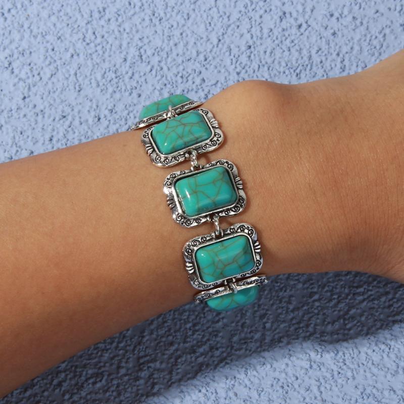Retro Bohemian Ethnic Style Turquoise Personalized Geometric Carving Antique Silver Bracelet/Bangle For Women