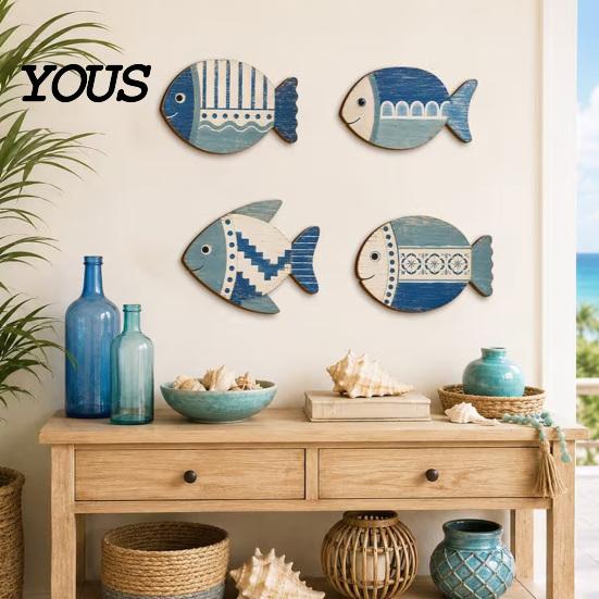 Rustic Wooden Wall Plaques 4PCS Fish Decoration, Mediterranean Style Hanging Plaques, Blue White Distressed Seaside Interior Accents Geometric Pattern