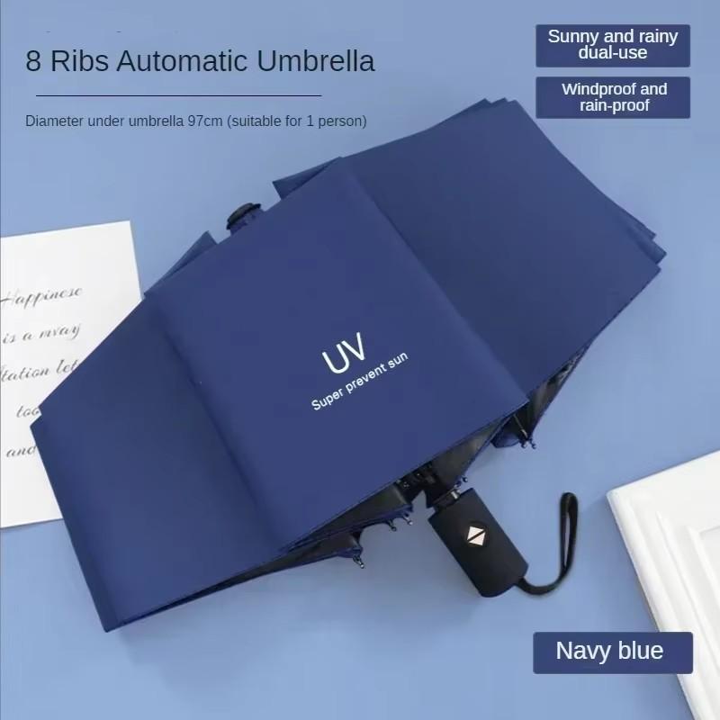 Automatic Rain & Sun Umbrella Black Coating Parasol Anti-UV 3 Folding Wind Resistant Auto Luxury Big Windproof Women Men 8Ribs