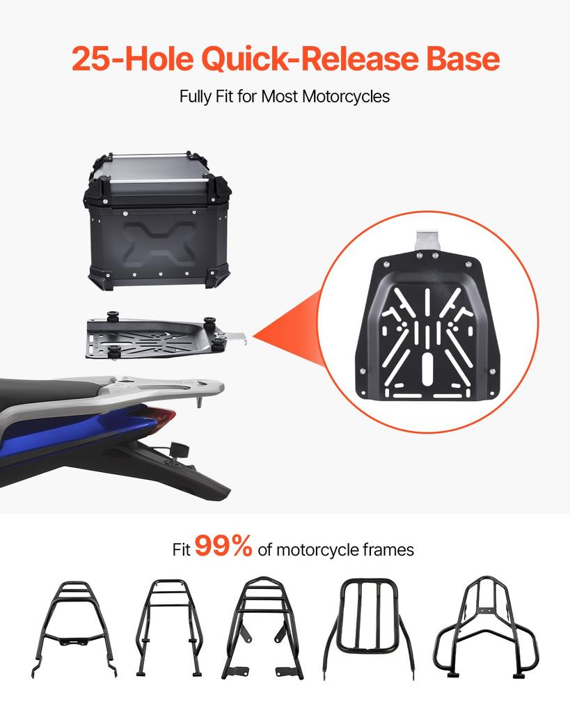 VEVOR Motorcycle Top Case, Universal Aluminum Alloy Motorbike Tail Box with Leather Lining