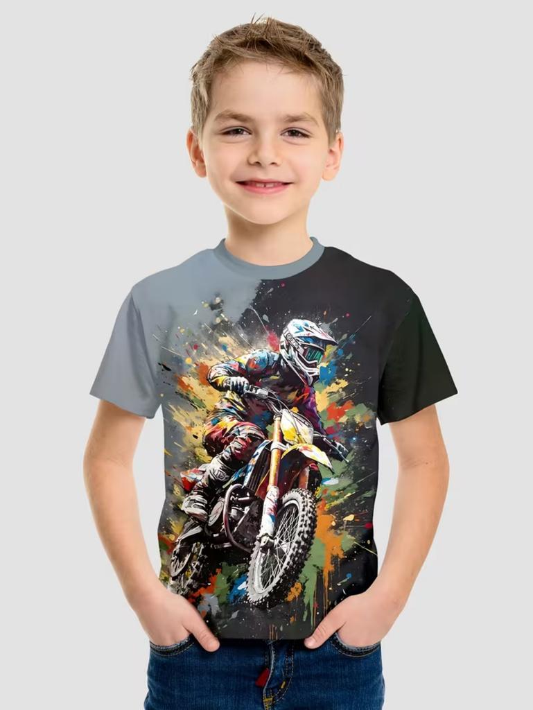 Chlapecké tričko s motorkářem 3D tištěné tričko pro chlapce 2-10 let Krátký rukáv Top pro miminka a děti Letní trendy Street Dětský top