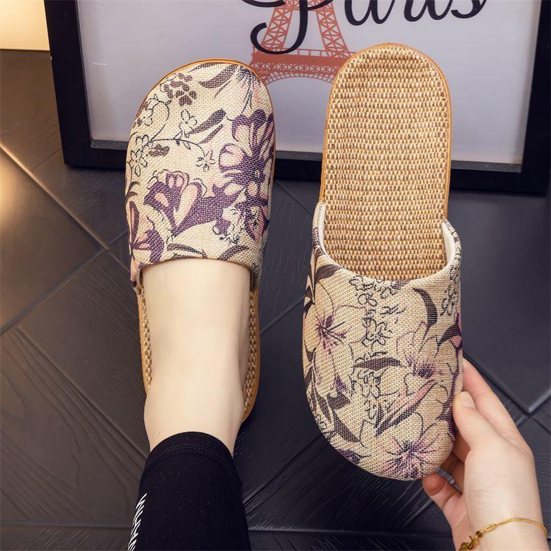 Four Seasons National Style Flax Cool Slippers Couples Breathable Home Use Flat Soft Sole Men's and Women's Confinement Baotou  Confinement Shoes