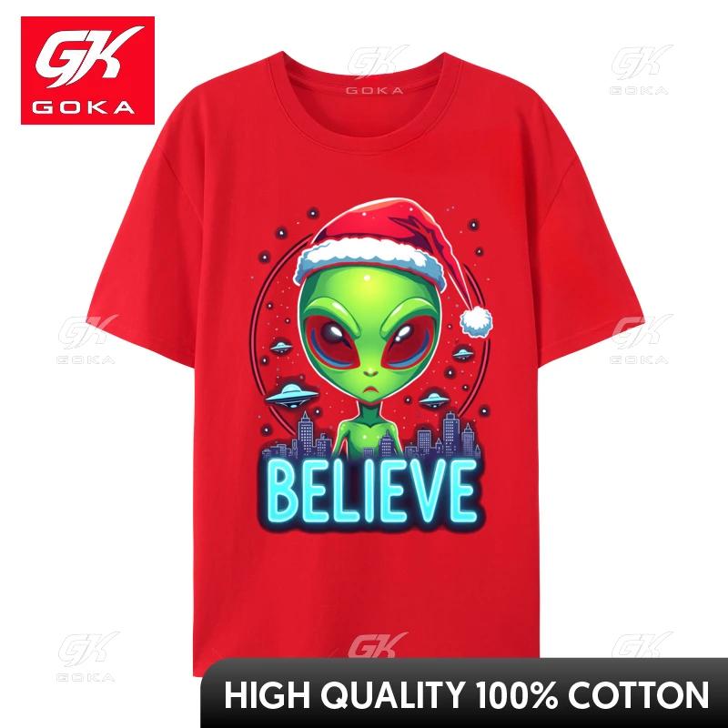 I Want To Believe Aliens Ufo Funny Alien Santa Hat Christmas Tees Cotton Tops Shirt Fitted Unisex TShirt Printed on Comfortable S