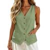 Women Sleeveless Linen Cotton Vest Top with Button Front V Neck Relaxed Fit Casual Summer Blouse Shirt with Pockets