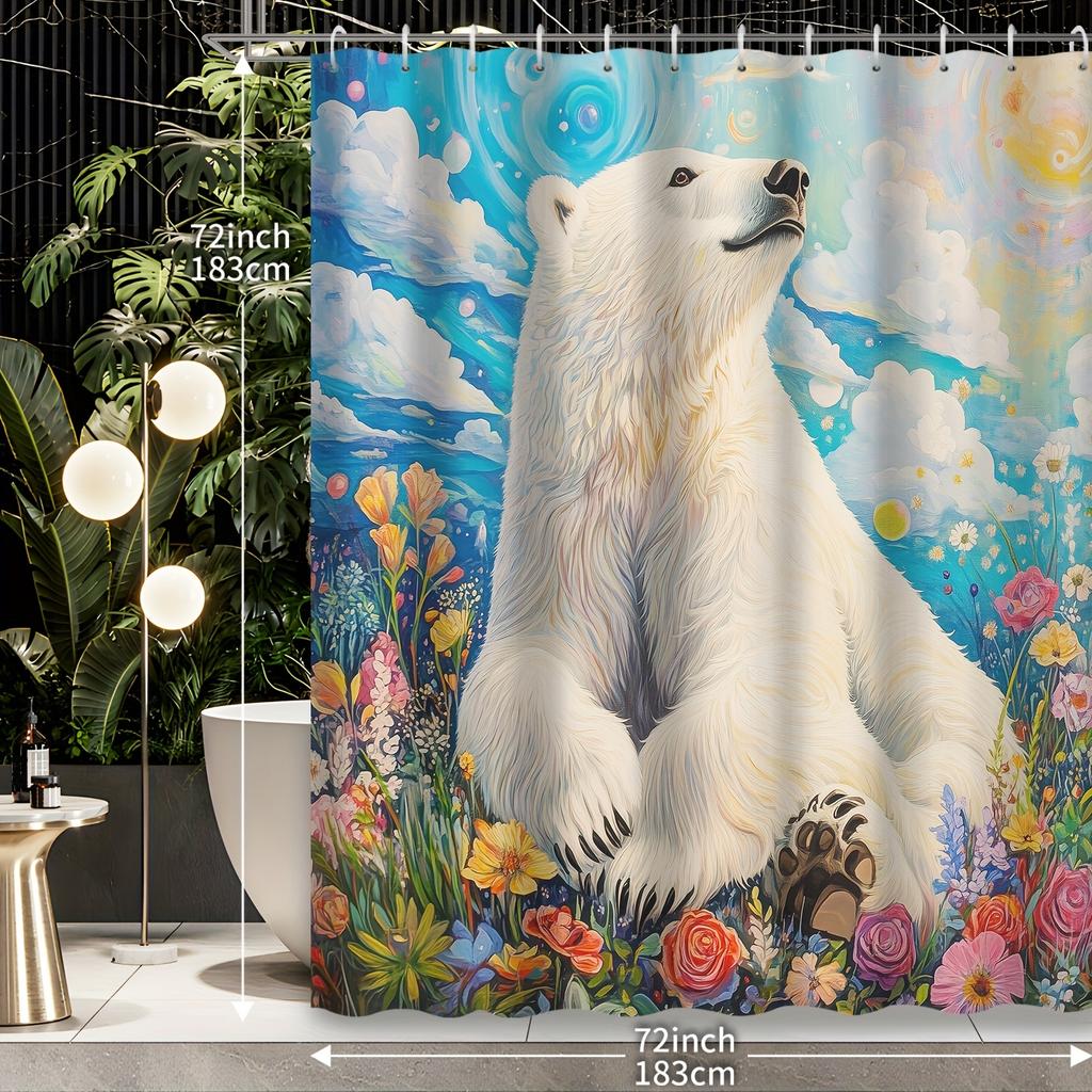 1pc Polar Bear Pattern Winter Decoration Art Oil Painting Garden Colorful Flowers Plants Dream Sky White Clouds Printed