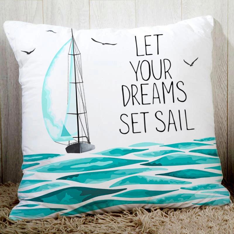 Classic Artwork Blue Sea Sail Print Quality Sofa Cushion Cover Home Decor Pillowcase