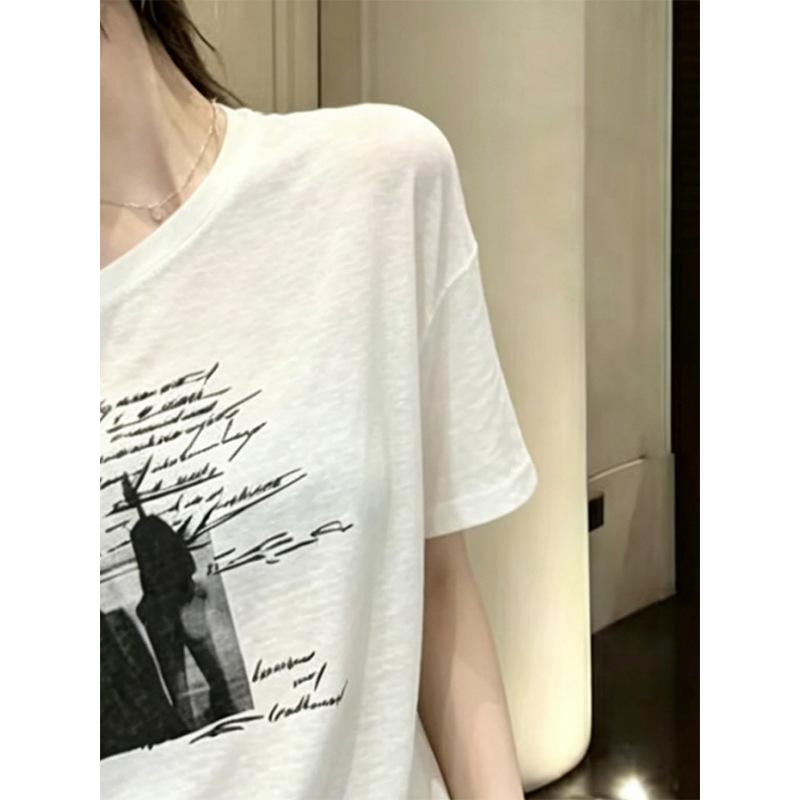Lazy Wind One-word Shoulder Slanted Shoulder Printed T-shirt Women's Summer Loose and Thin White Short-sleeved Loose and Unique Beautiful Top