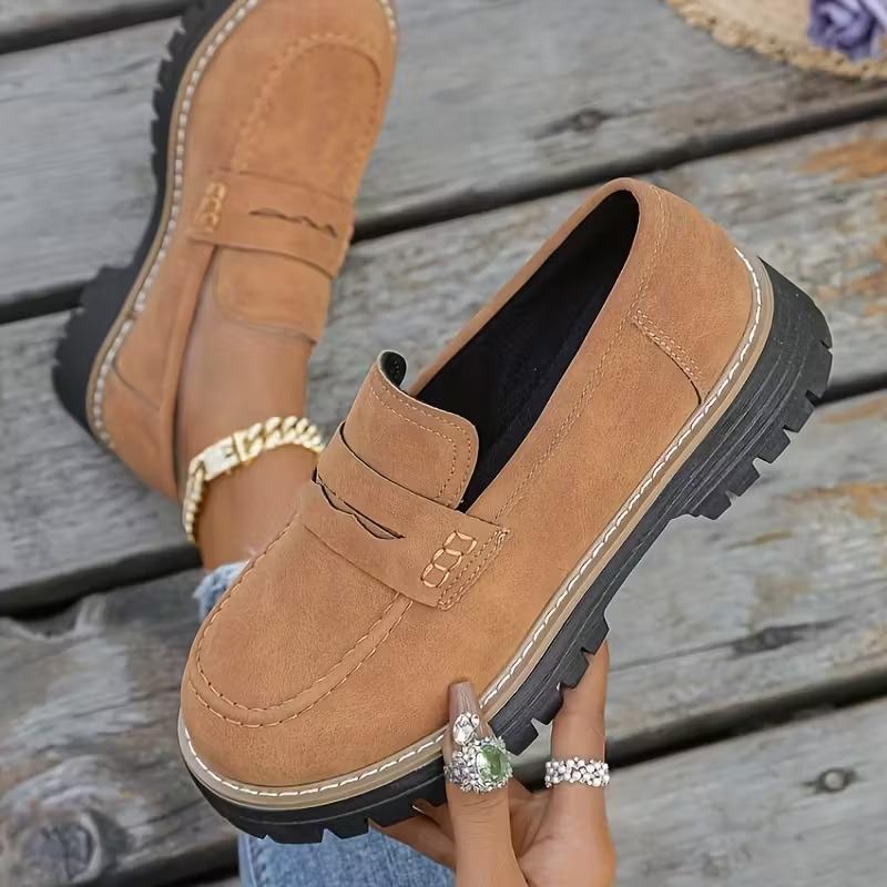 Woman Loafers Retro Autumn Ladies Large Size Frosted British Thick Heel Round Toe Rubber Outsole Korean Style Casual Shoes