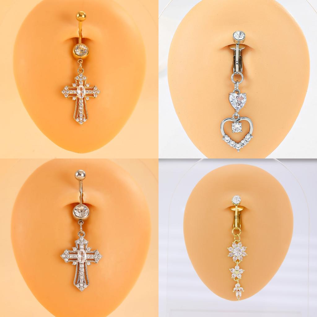 CZ Cross & Heart Belly Button Ring Set, Gold & Silver Tone Dangling Navel Piercing Jewelry