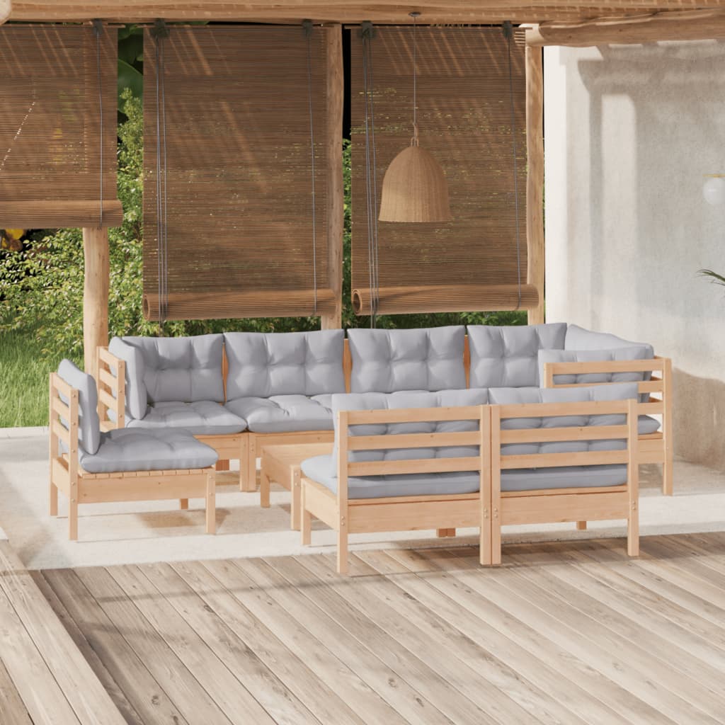 Vidaxl 9-Cz. Garden Lounge Set, Grey Cushions, Pine