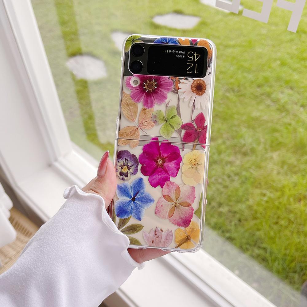 Niedliche Retro-Ölgemälde-Blumenmuster-Handyhülle für Samsung Galaxy Z Flip 4 3 5g, transparente Hart-PC-Abdeckung