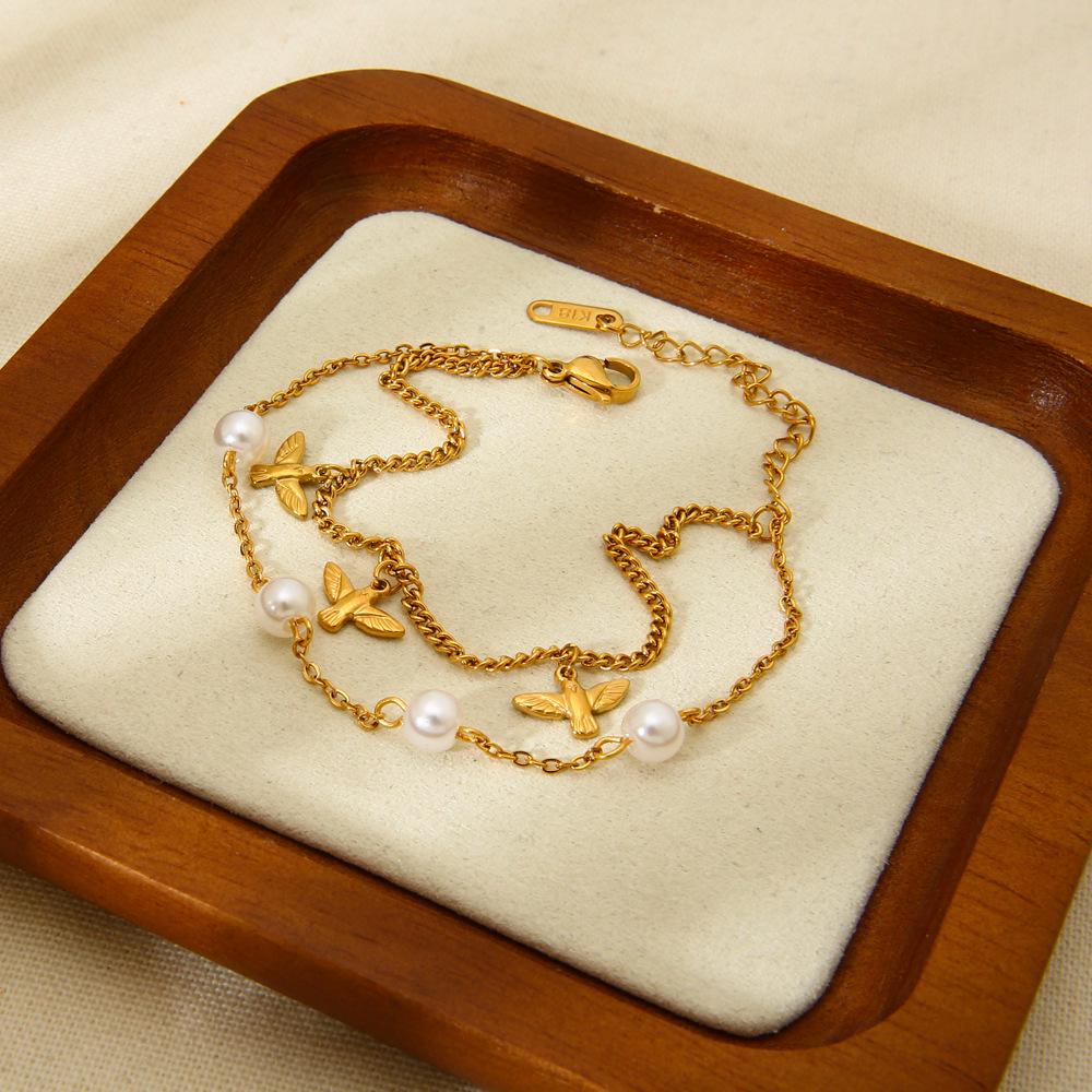 18K Gold Plated Pearl Seashell Tassel Bracelet: European & American Ocean Style, Stainless Steel, Versatile Hand Jewelry