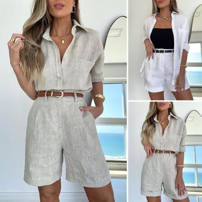 2 Stück/Set Damen Hemd Shorts Set mit Gürtel Einfarbige Lange Ärmel Brusttaschen Reversbluse Hohe Taille Locker Knie