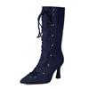 Denim Fashion Show Ankle Boots Stiletto High Heel Pointed Toe Lace-up Shoes For Woman All-match Street Snap Women Boots